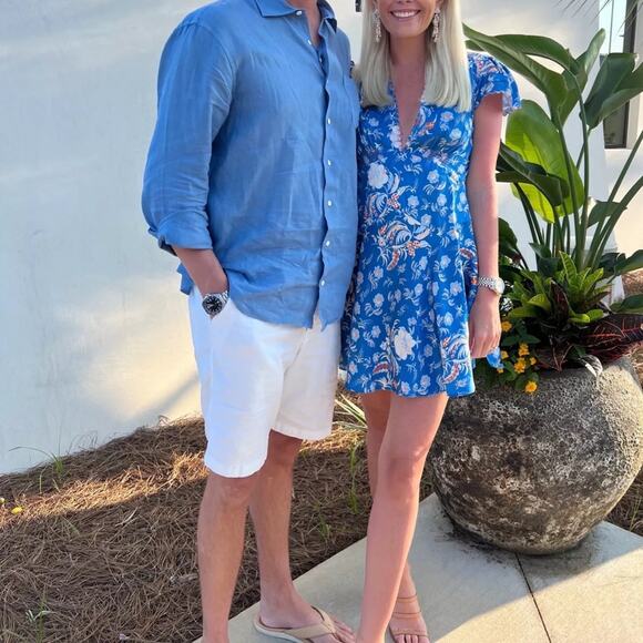 Doen Dianne Silk V Neck Puff Short Sleeve Mini Dress Blue Azure Hollyhock Hills - Picture 7 of 16